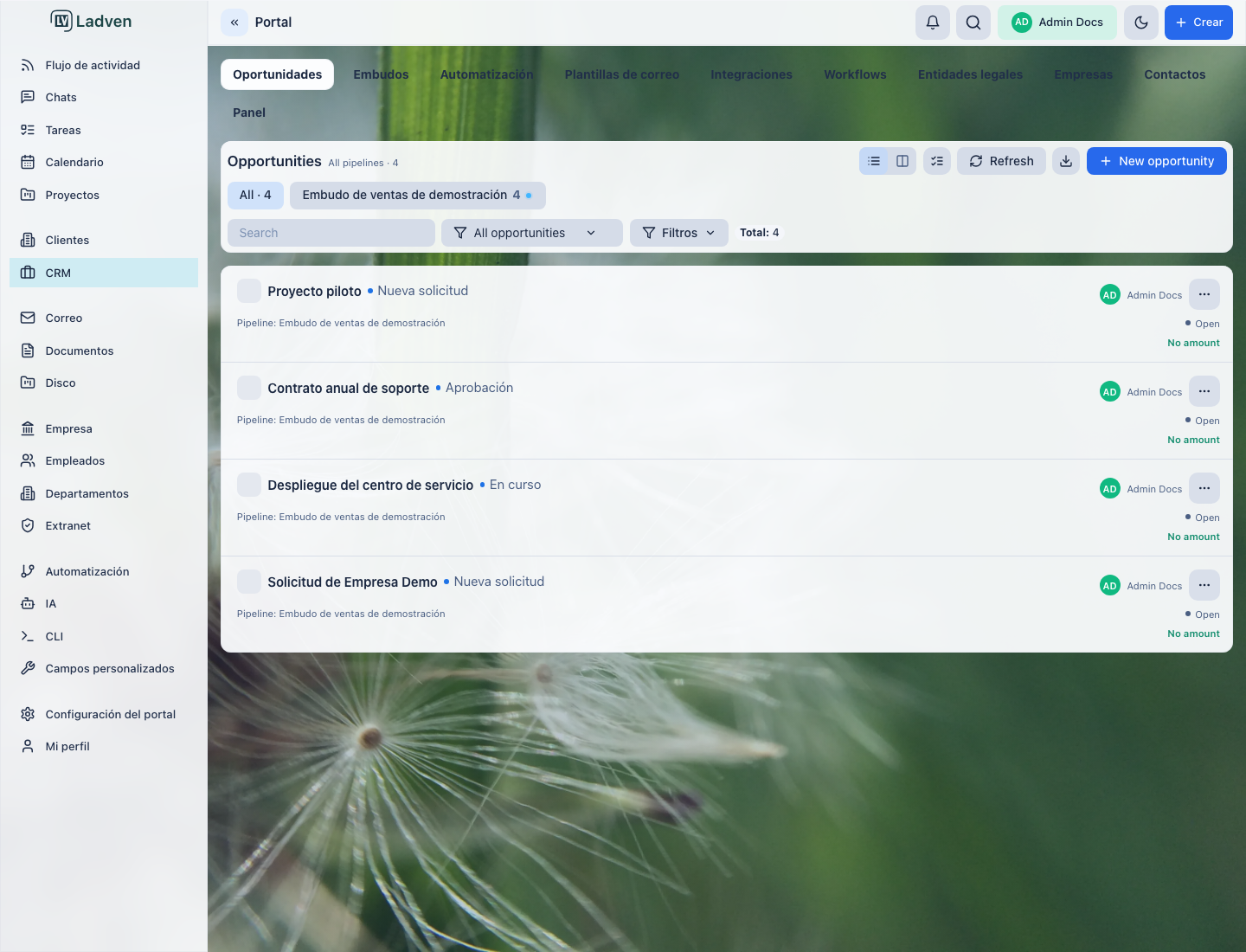 Tablero de oportunidades del CRM: el Embudo de ventas de demostracion con oportunidades por etapas