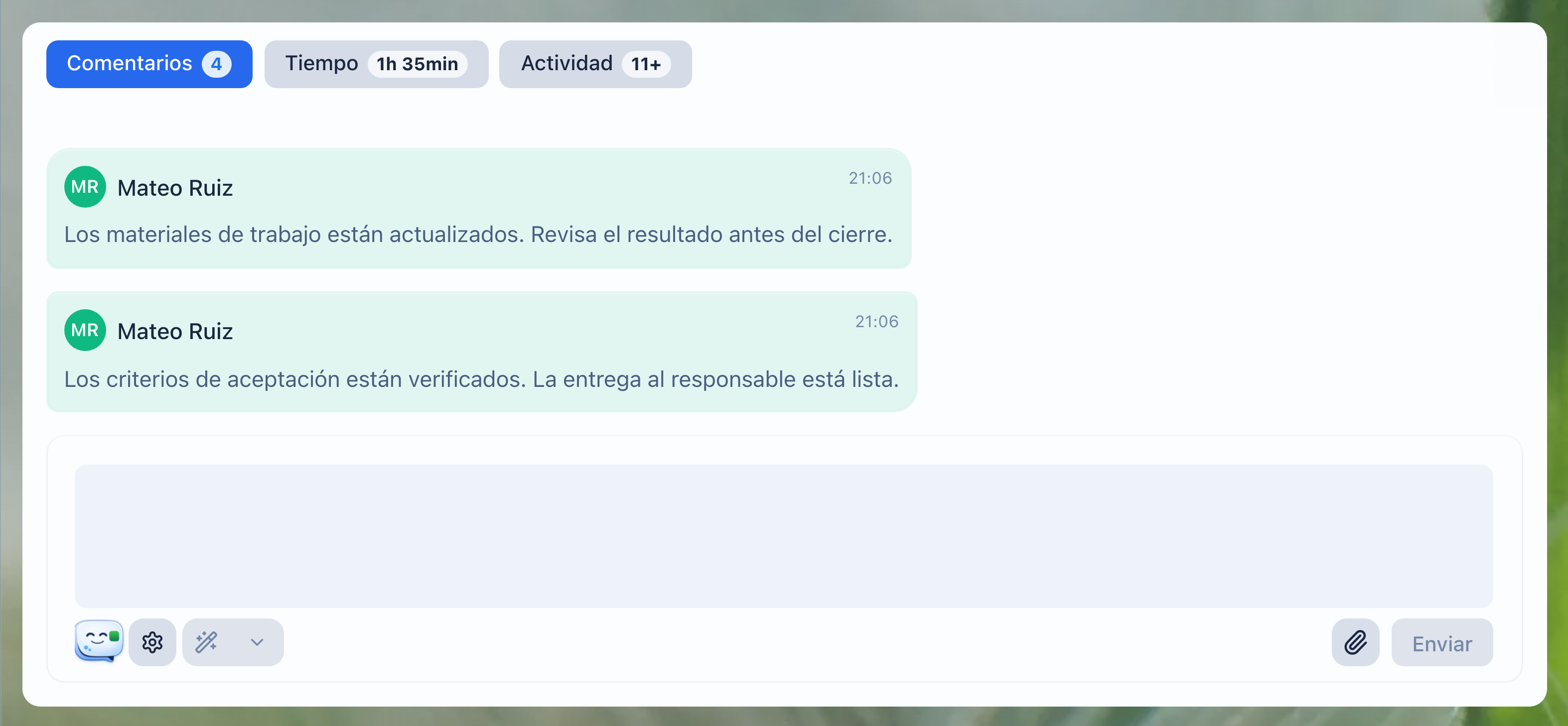 Dos comentarios de la tarea que registran el contexto de revisión y la siguiente comprobación de material