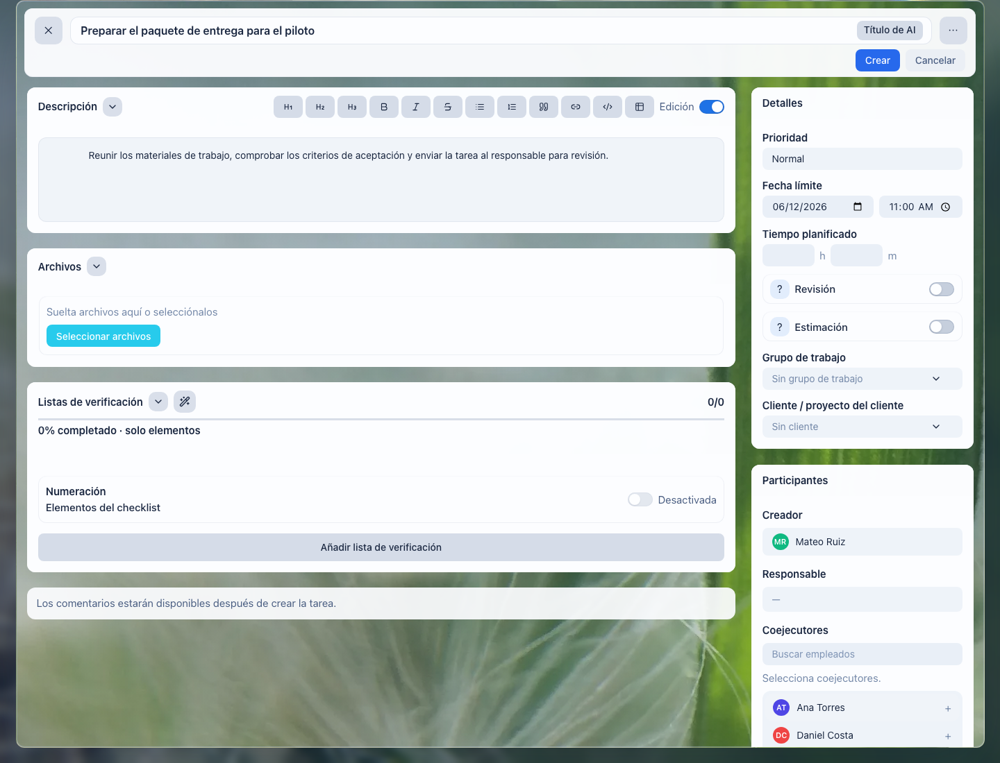 Detalles de la tarea en LadVen OS
