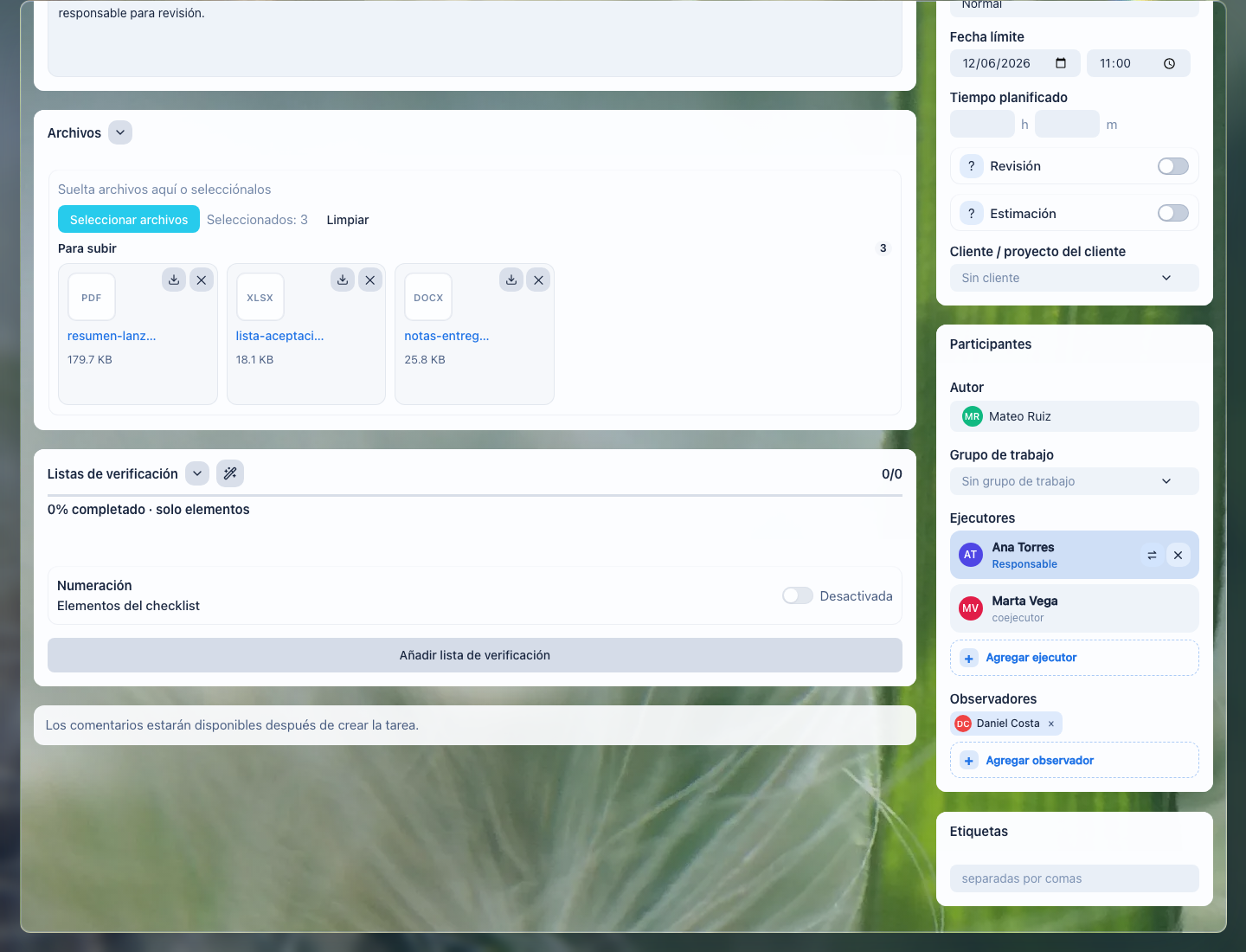Archivos al crear una tarea de notaría: documentos del cliente y materiales de trabajo junto al encargo