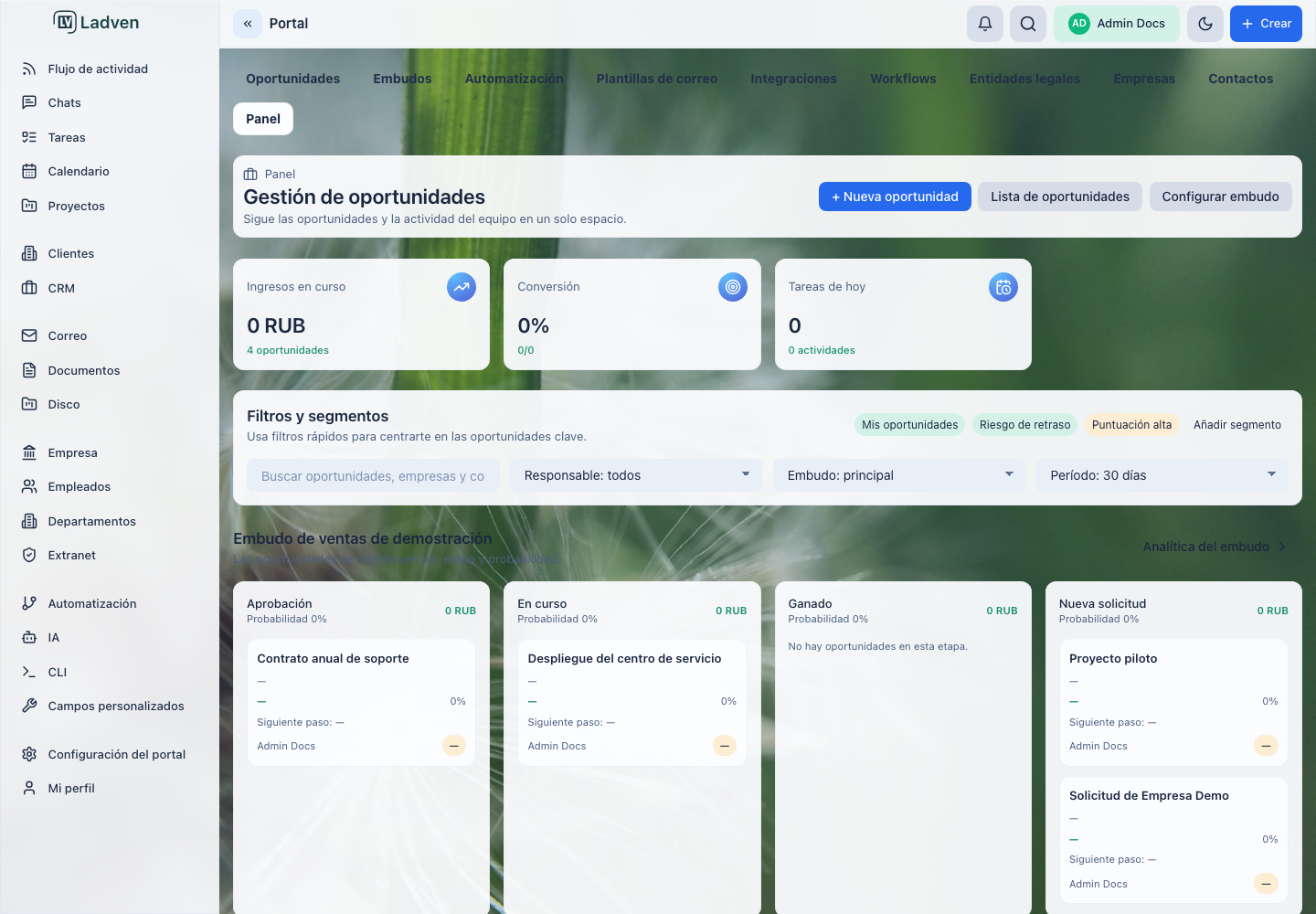 Panel de CRM: gestión de oportunidades, métricas clave y las etapas del embudo «Demo sales»