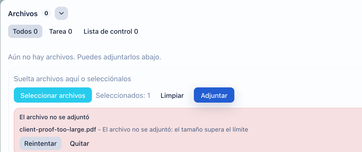 Error al adjuntar un archivo en una tarea