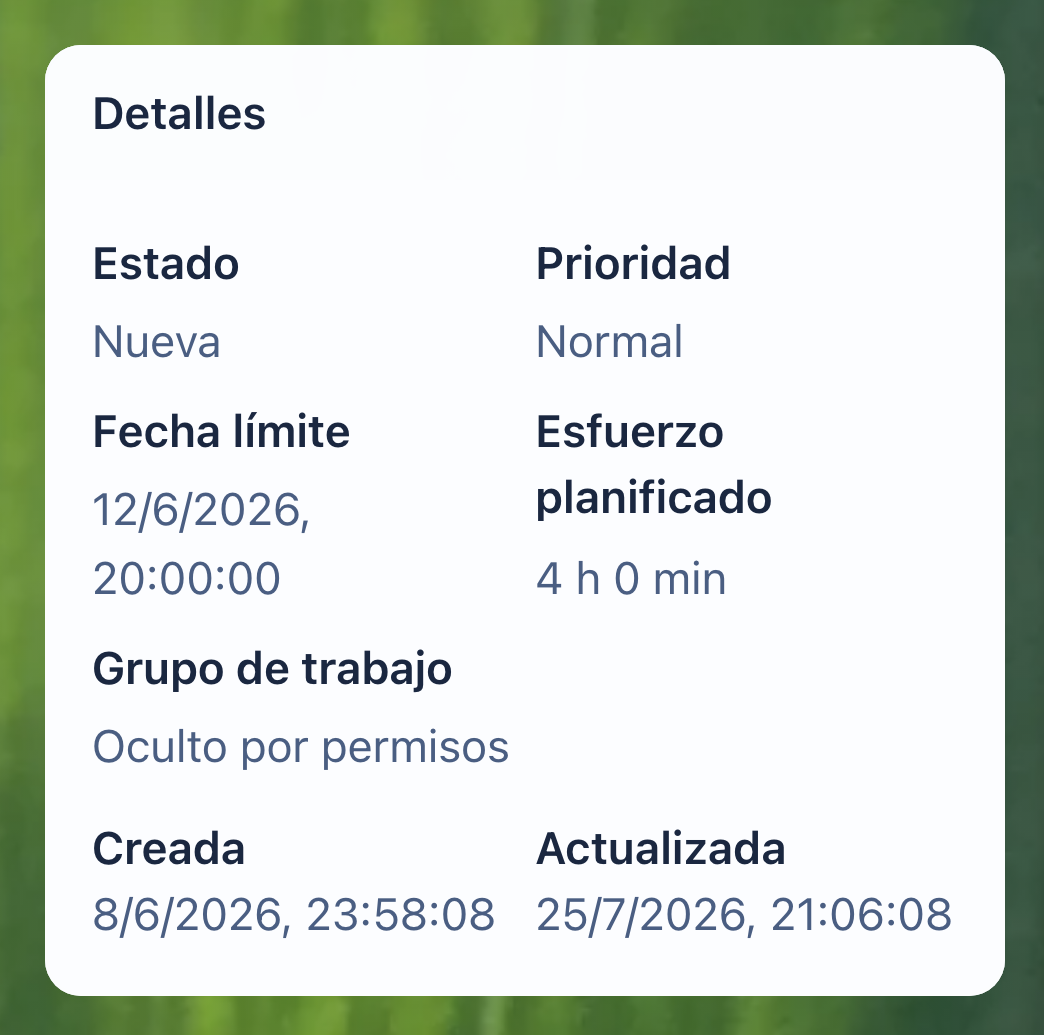 Detalles de la tarea, trabajo planificado y participantes en LadVen OS